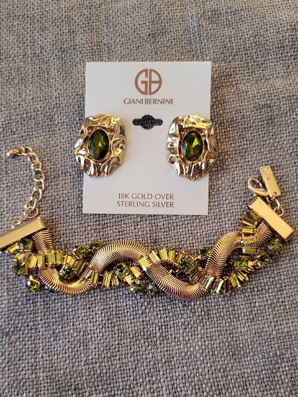 Giani Bernini Gold Plated Post Earrings With Green Stones & INC Bracelet